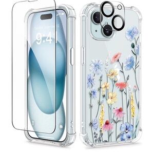 Floral Clear Phone Case with Screen and lens Protector for iPhone 15